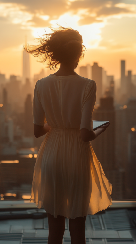 Woman on rooftop helipad in Manhattan at sunset
