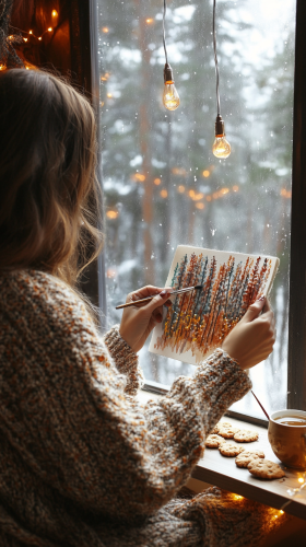 Woman painting in cozy reading nook with fairy lights