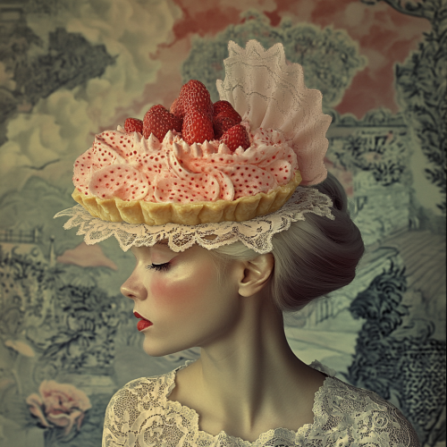 Woman poses with strawberry almond tart sculpture
