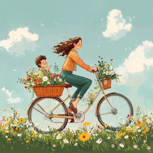 Woman rides bicycle with man in basket full of flowers herbs. Woman rides bicycle with man in basket full of flowers herbs.