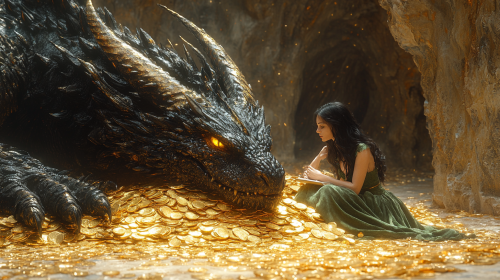 Woman sits next to sleeping dragon in golden cave.