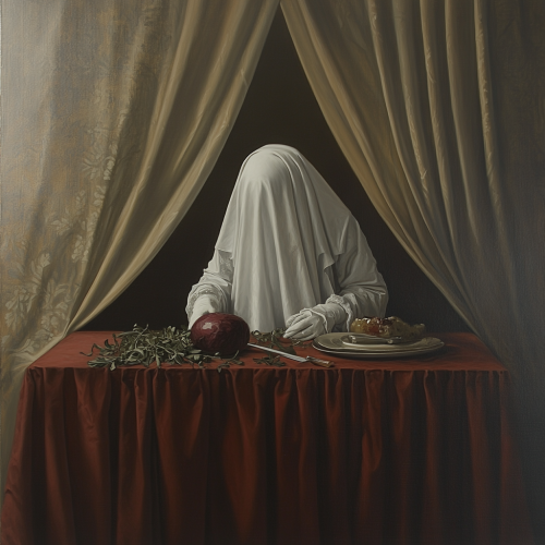 Woman standing at table with still life objects