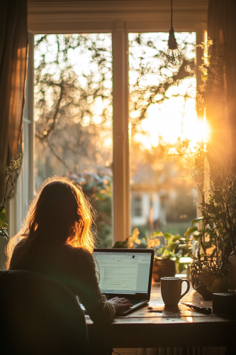 Woman typing on laptop at home with coffee mug.