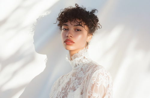 Woman wearing white lace dress in horoscope-themed photoshoot