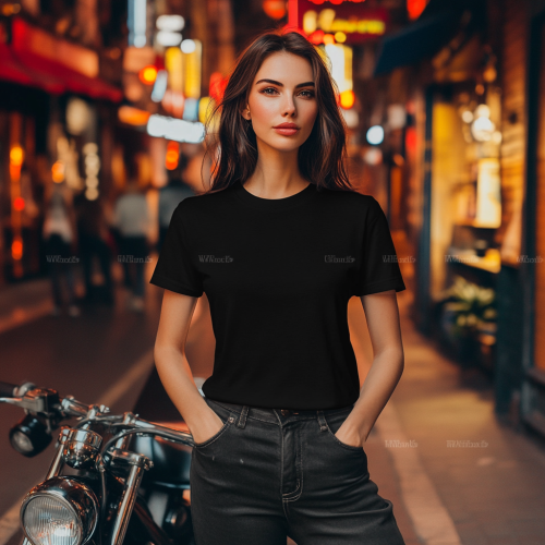 Woman wears black gildan t shirt in city.