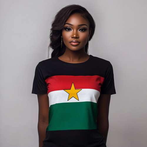 Woman wears flag design t-shirt with red, green stripes.