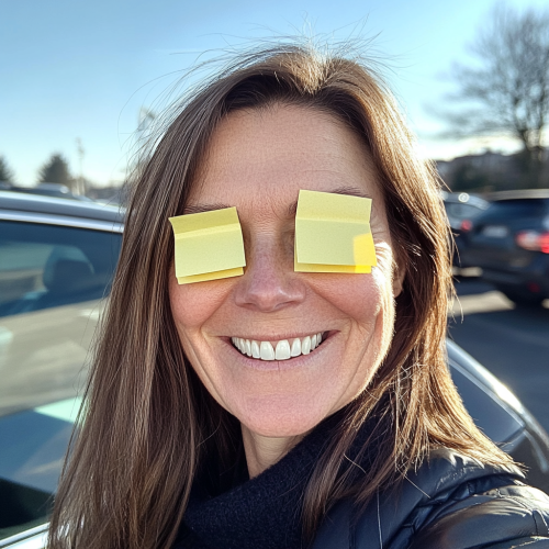 Woman with Post-It Notes Selfie in Manchester Parking Lot Woman with Post-It Notes Selfie in Manchester Parking Lot
