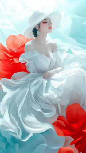 Woman with elegant dress and hat sitting gracefully.