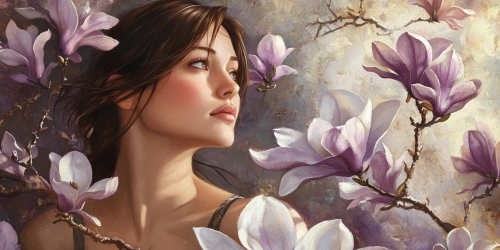 Woman with hope surrounded by magnolia flowers in shadows.