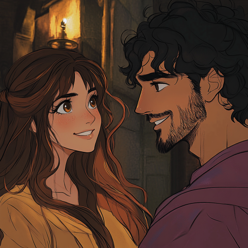 Woman with orangey hair looking at man with curly hair.