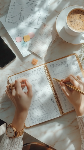 Woman writing in planner with gold pen and watch