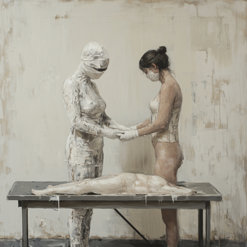 Women applying plaster gauze in artist's studio