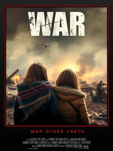 Women in war movie poster, looking at scene.
