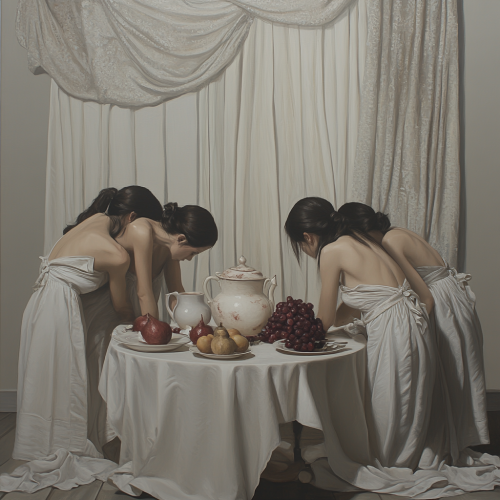 Women in white linen arranging still life objects