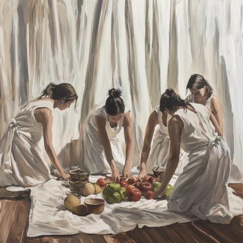 Women in white linens imitating still life