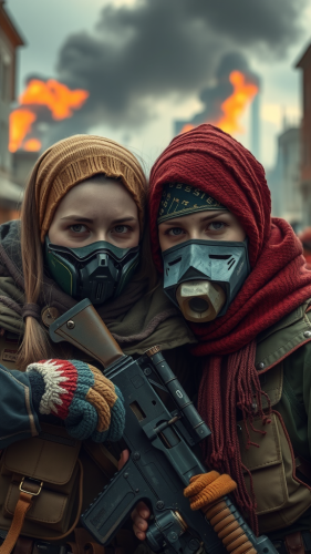 Women soldiers in war masks in destroyed city