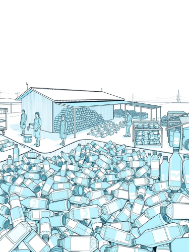 Women sorting plastic at recycling facility.