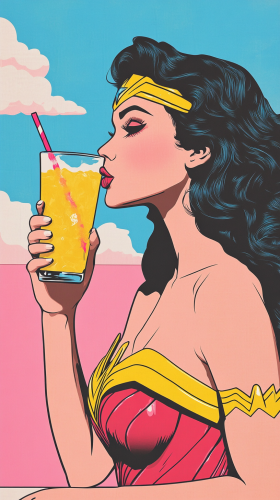 Wonder Woman sips lemonade in pop art style