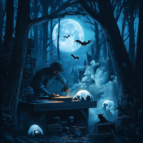 Woodworker Crafting Spooky Figures in Haunted Forest