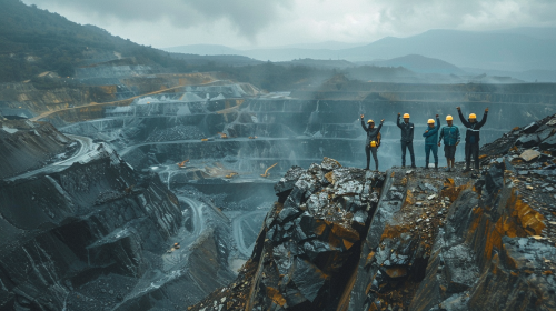 Workers and Belaz on hilltop in quarry.