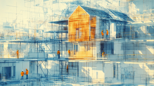 Workers assembling new homes with architectural blueprints.