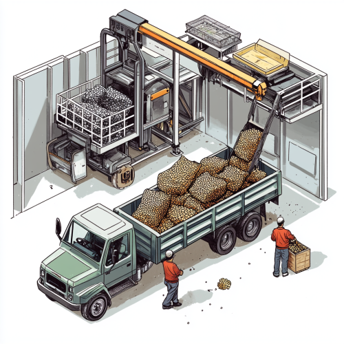 Workers unload bags of plastic from small truck