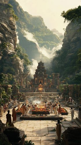Worshippers Pray at Altar in Ancient Temple