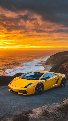 Yellow Lamborghini on cliff with ocean waves and sunset. Yellow Lamborghini on cliff with ocean waves and sunset.