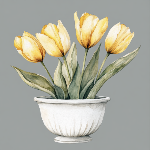 Yellow Tulips in Beautiful Pot, Watercolor Illustration Yellow Tulips in Beautiful Pot, Watercolor Illustration