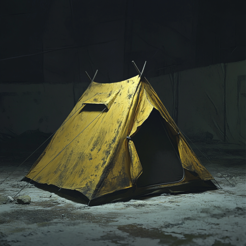 Yellow worn tent highlighted by bright lighting. Stand out.
