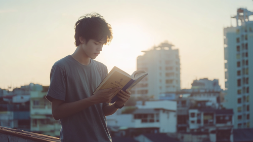 Young Asian Man Reading Book on Sunny Rooftop