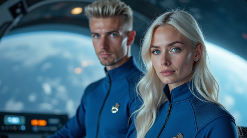 Young Astronauts in Blue Uniforms Orbiting Earth