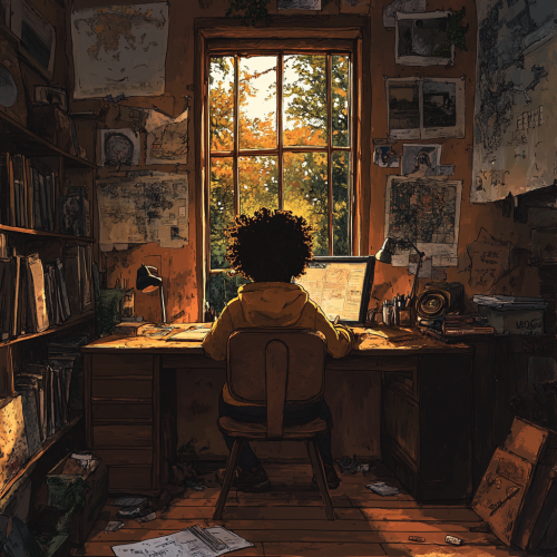 Young Black child writing story in cozy attic