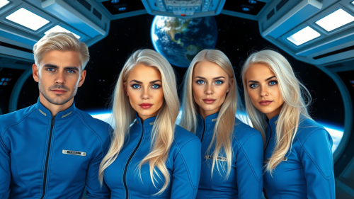 Young Crew Orbiting Earth in Blue Starship Uniforms