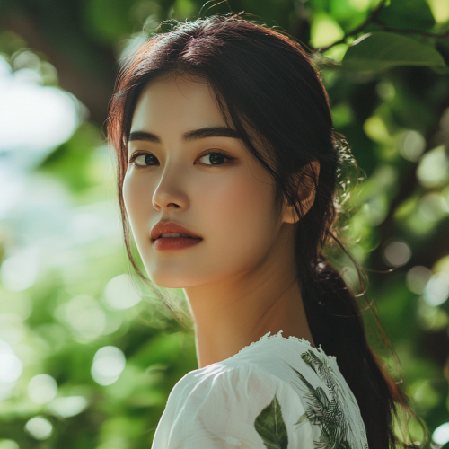 Young Korean woman with radiant skin in forest