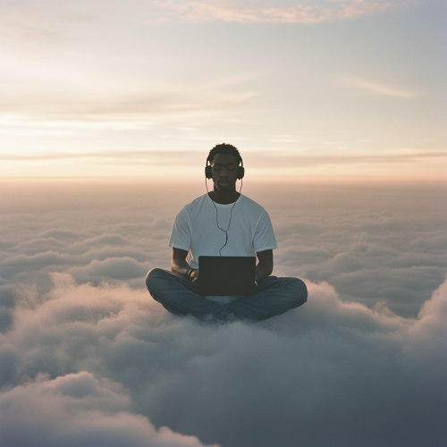 Young Man Enjoys Music in Dreamy Sky Setting Young Man Enjoys Music in Dreamy Sky Setting
