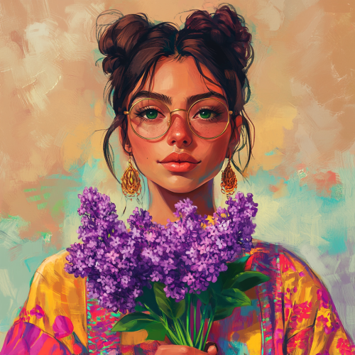 Young Mexican woman with messy bun and colorful outfit.