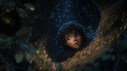 Young Sally with curly brown hair looks at stars.