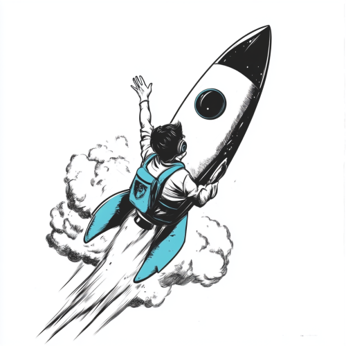 Young Techie on Rocket Flying in Sky