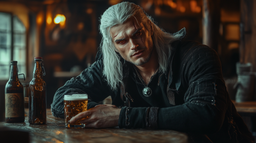 Young Witcher-like Man Enjoying Beer in Medieval Tavern