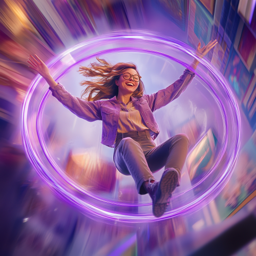 Young fashionable girl flying on purple loop joyfully surrounded by fantasy books