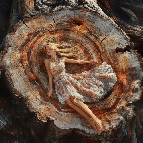 Young female in sundress lays on redwood tree stump.