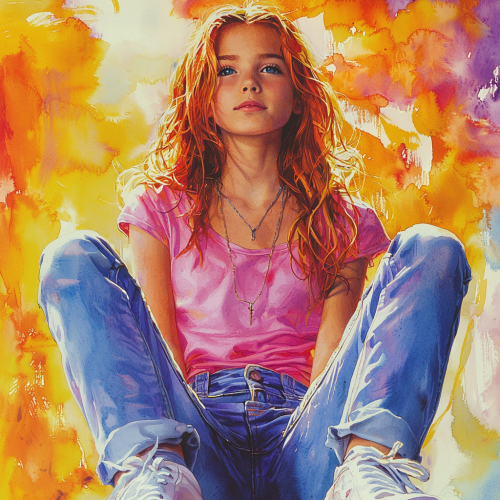 Young girl with red hair in 1990's style