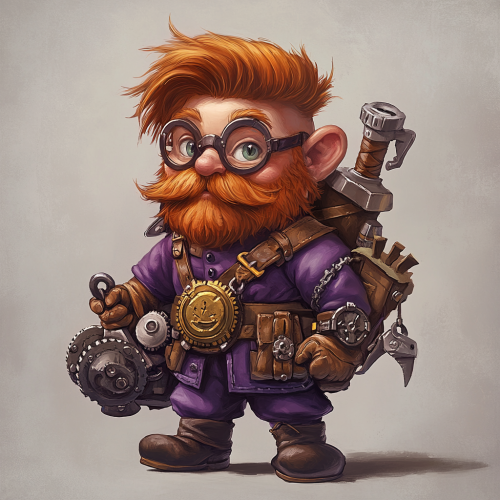 Young gnome wizard with red hair, purple tunic, carrying a shoulder bag of gears.