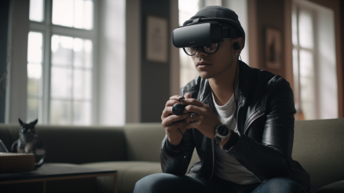 Young male videographer in stylish Airbnb, focused and professional.