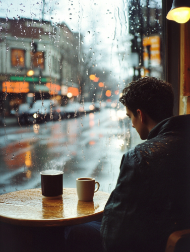 Young man in Seattle café, watching rain, deep in thought