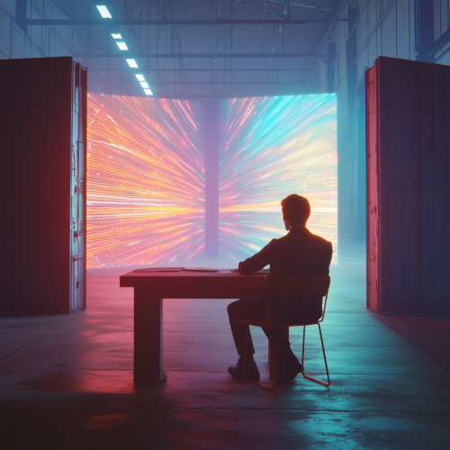 Young man in warehouse office watching light show.