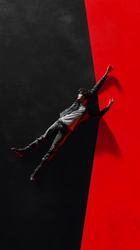 Young man suspended between red and black backgrounds.