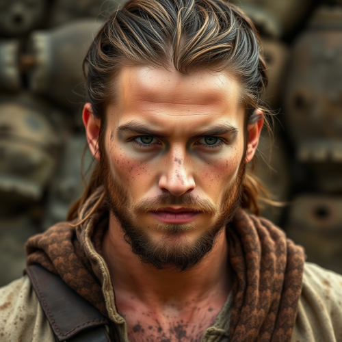 Young medieval man with brown hair ponytail.