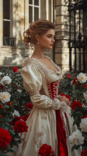 Young woman in Paris with white camellias. Luxury dress.